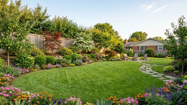 Lush residential backyard with hydrozoned lawn, flower beds, and trees showcasing water-efficient landscaping design.