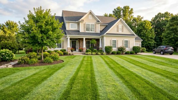 A lush green lawn with striking striped patterns created by professional mowing techniques, showing contrast between light and dark green blades.