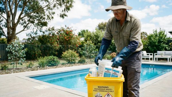 Safe disposal of old pool chemicals at a household hazardous waste drop-off in Australia.