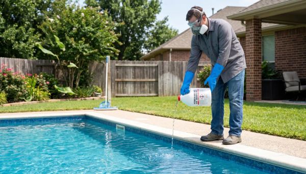 Person wearing full safety gear pouring muriatic acid slowly into a residential pool.