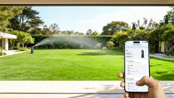 Hand holding smartphone with smart irrigation app controlling water spray on a lush green lawn.