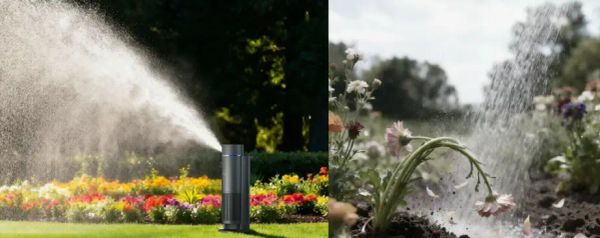 Smart irrigation system waters flowers and lawn properly vs overwatering damage to shrubs in garden.