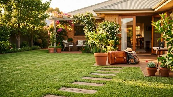A sunny Australian backyard with potted plants and travel luggage, showing the worry of how to water plants while going on holiday.