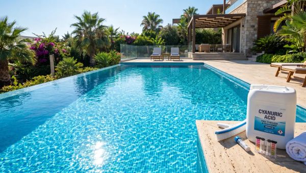 Cyanuric acid pool stabilizer with test kit and cleaning tools next to a crystal clear outdoor swimming pool.