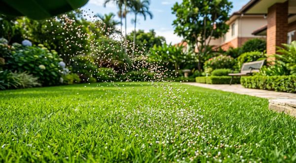 Granular lawn fertilizer falling evenly onto a lush green residential lawn.