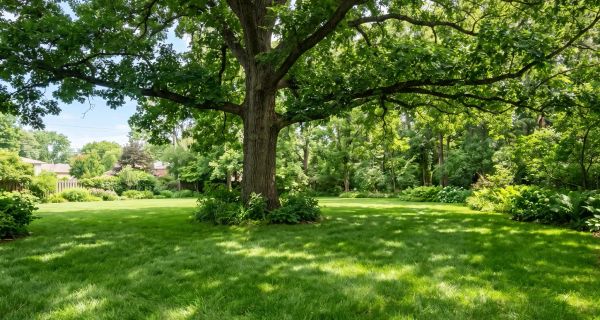 Lush green lawn growing naturally under large tree shade in backyard.