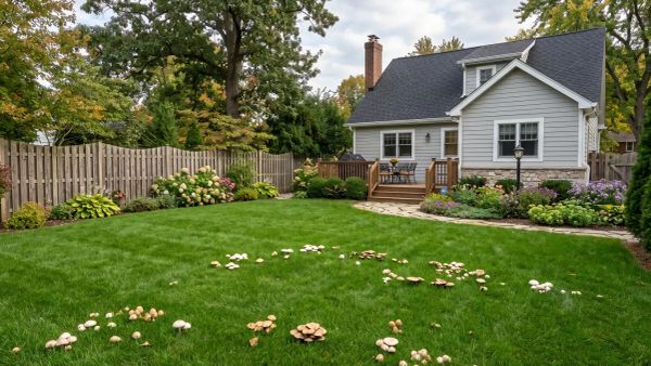 Clusters of wild mushrooms growing across a green residential yard lawn.