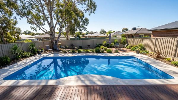 Clean fibreglass pool with smooth gel coat surface in Australian backyard.