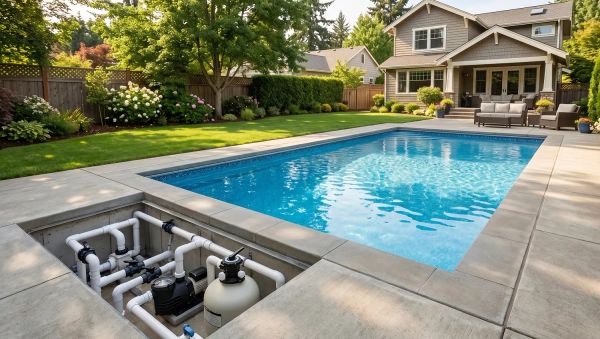 Clean residential swimming pool with accessible equipment, showing how to unclog pool lines without digging or a plumber.