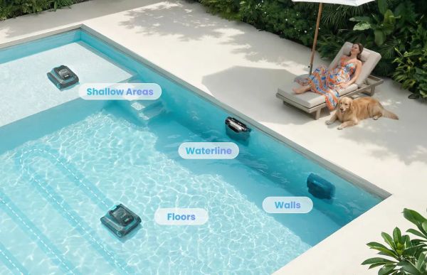Robotic pool cleaner demonstrating full cleaning coverage on shallow areas, floors, walls, and waterline for a crystal clear pool.