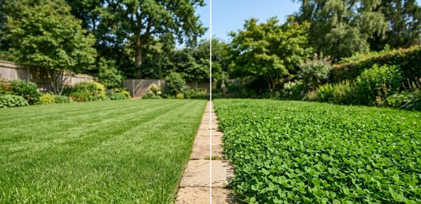 Side-by-side comparison of a neatly manicured traditional grass lawn (left) and a lush clover lawn (right) in a residential backyard.