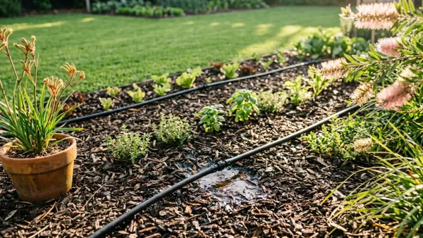 Black dripline delivering water directly to plant roots in an Australian native garden bed. 