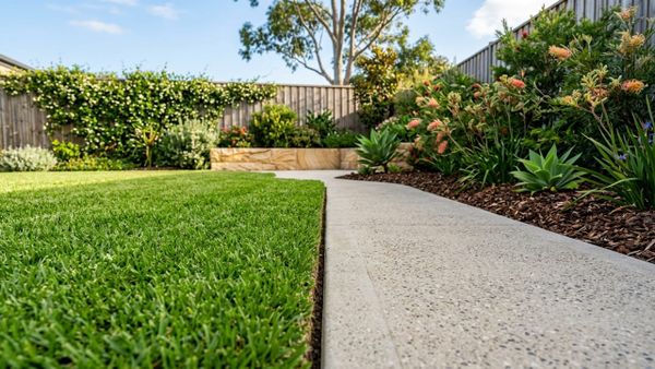 A perfectly manicured lawn edge between lush green grass and a concrete path in an Australian backyard, demonstrating a professional sharp shadow line.