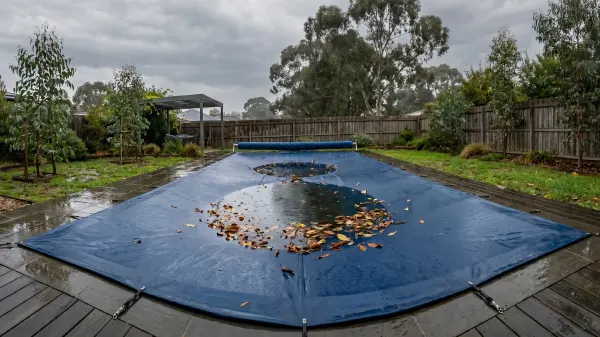 A blue in-ground pool cover sagging under the weight of accumulated rainwater and fallen leaves.