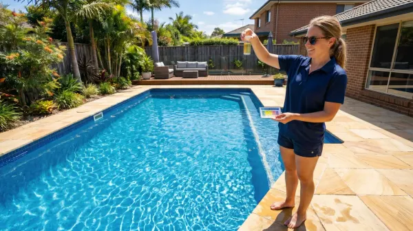 A person holding a liquid test kit to check for high chlorine levels in a sparkling backyard swimming pool.