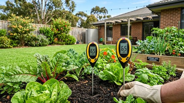 A lush green Australian backyard lawn and vegetable garden under the morning sun, featuring a digital soil pH tester showing a perfect 6.5 reading.