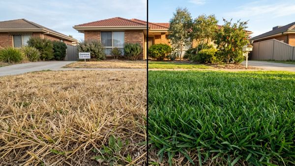 A side-by-side comparison of a dormant brown lawn and a vibrant green healthy lawn in an Australian yard