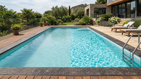 A split view of a backyard swimming pool showing cloudy water with calcium scaling on the left, and crystal-clear balanced pool water on the right under bright sunlight.