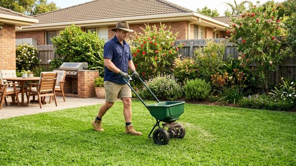 Healthy Australian buffalo lawn being fertilised during the right growing season
