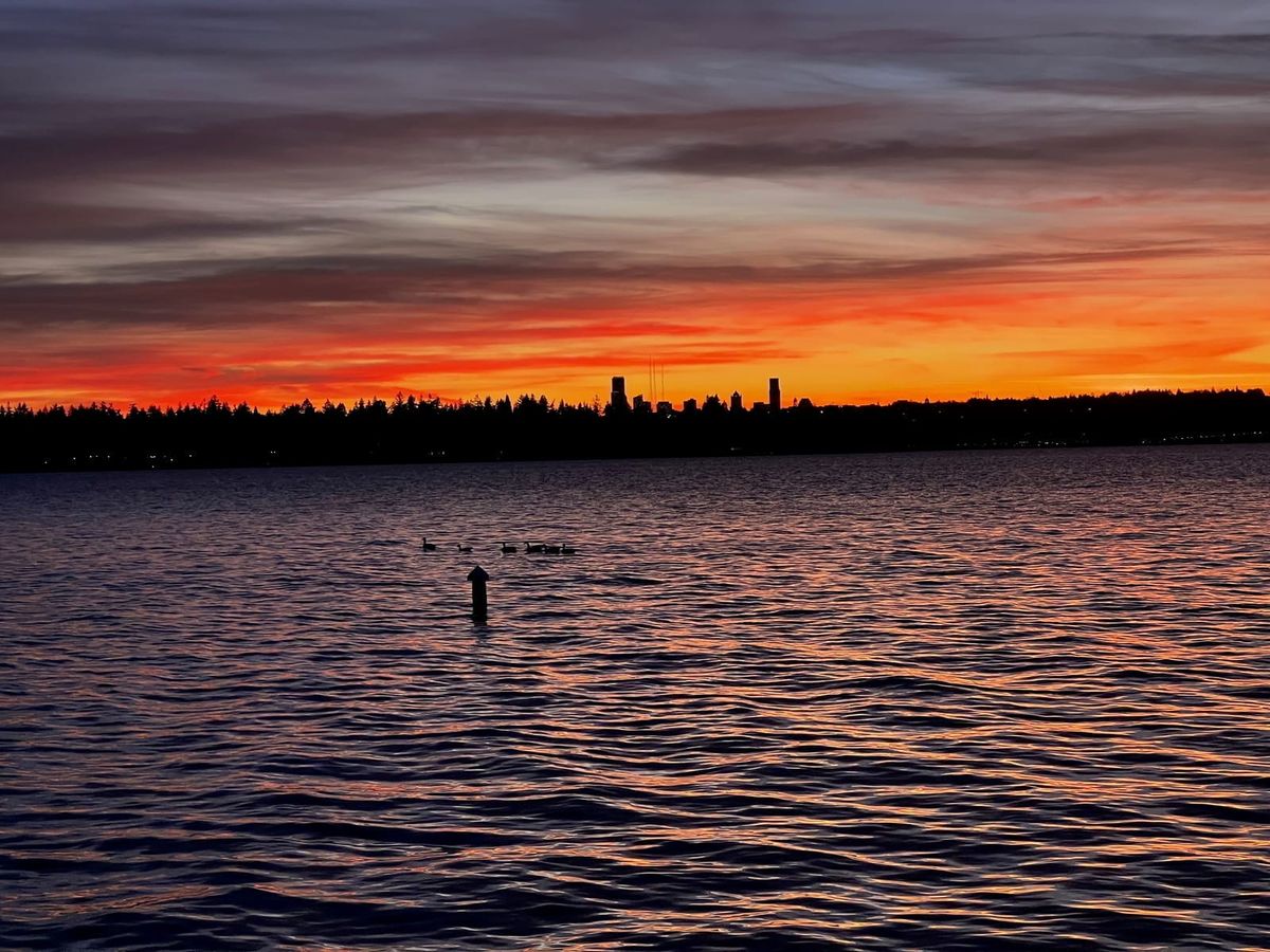 Seattle viewed across Lake Washington from Kirkland at sunset
