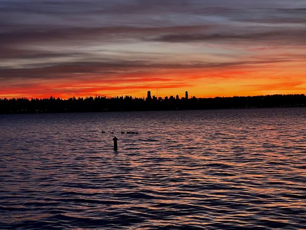 Seattle viewed across Lake Washington from Kirkland at sunset