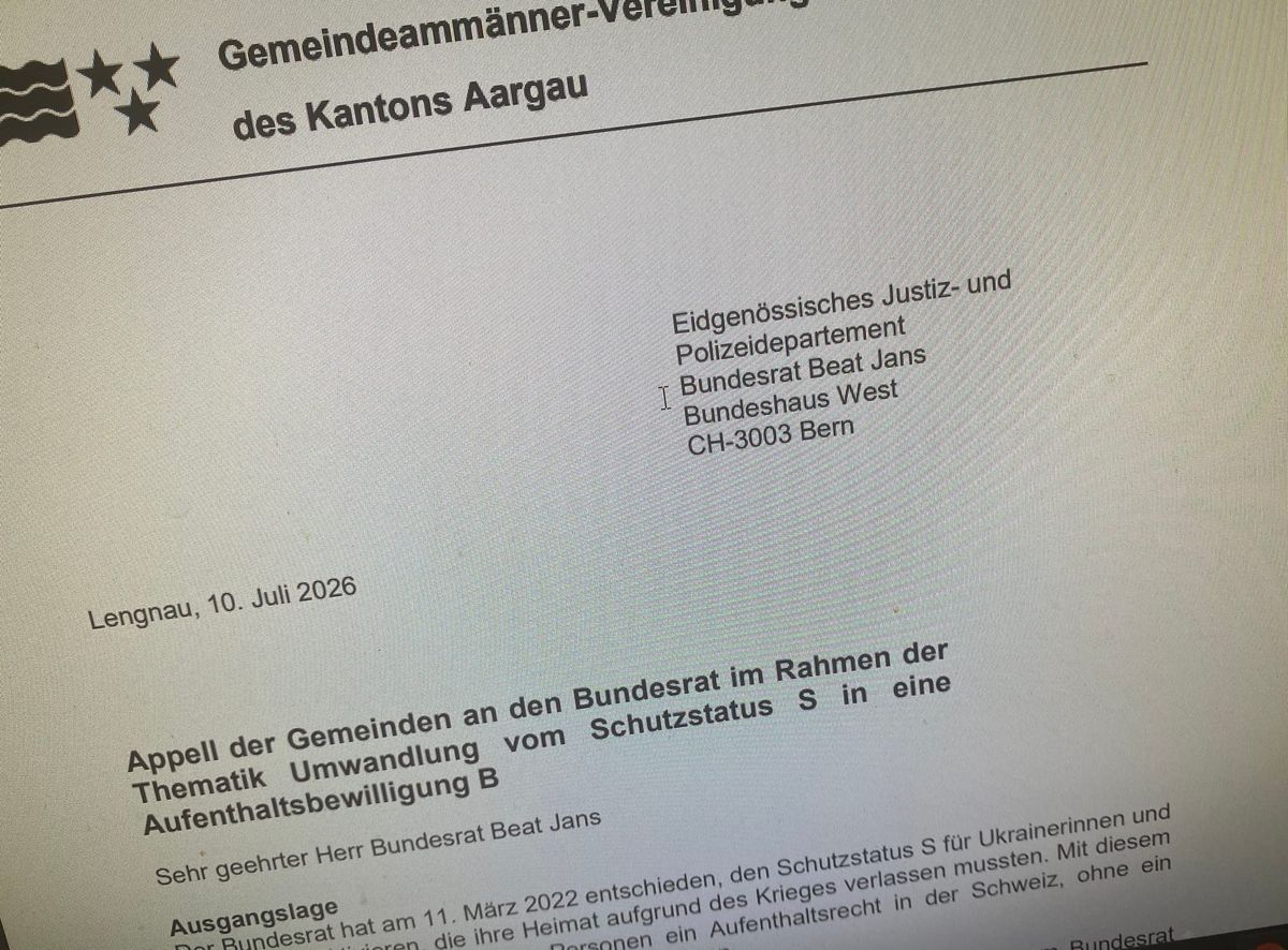 Schutzstatus S: Aargauer Gemeindeammänner schreiben Brief an Bundesrat - Ruf nach Vorlaufzeit von mindestens zwei Jahren