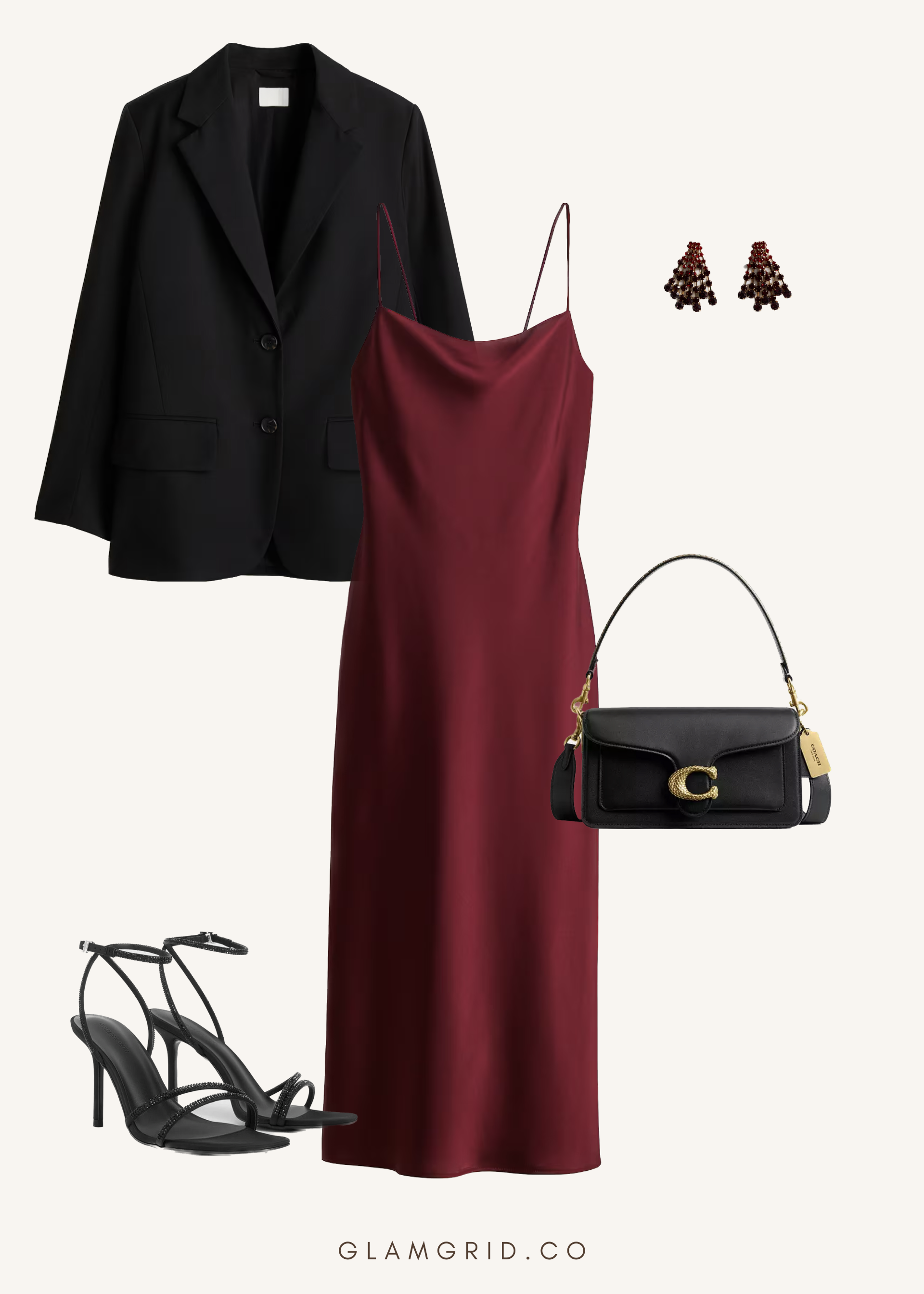 Valentine's Day dinner date outfit with slip dress, blazer and strappy heels