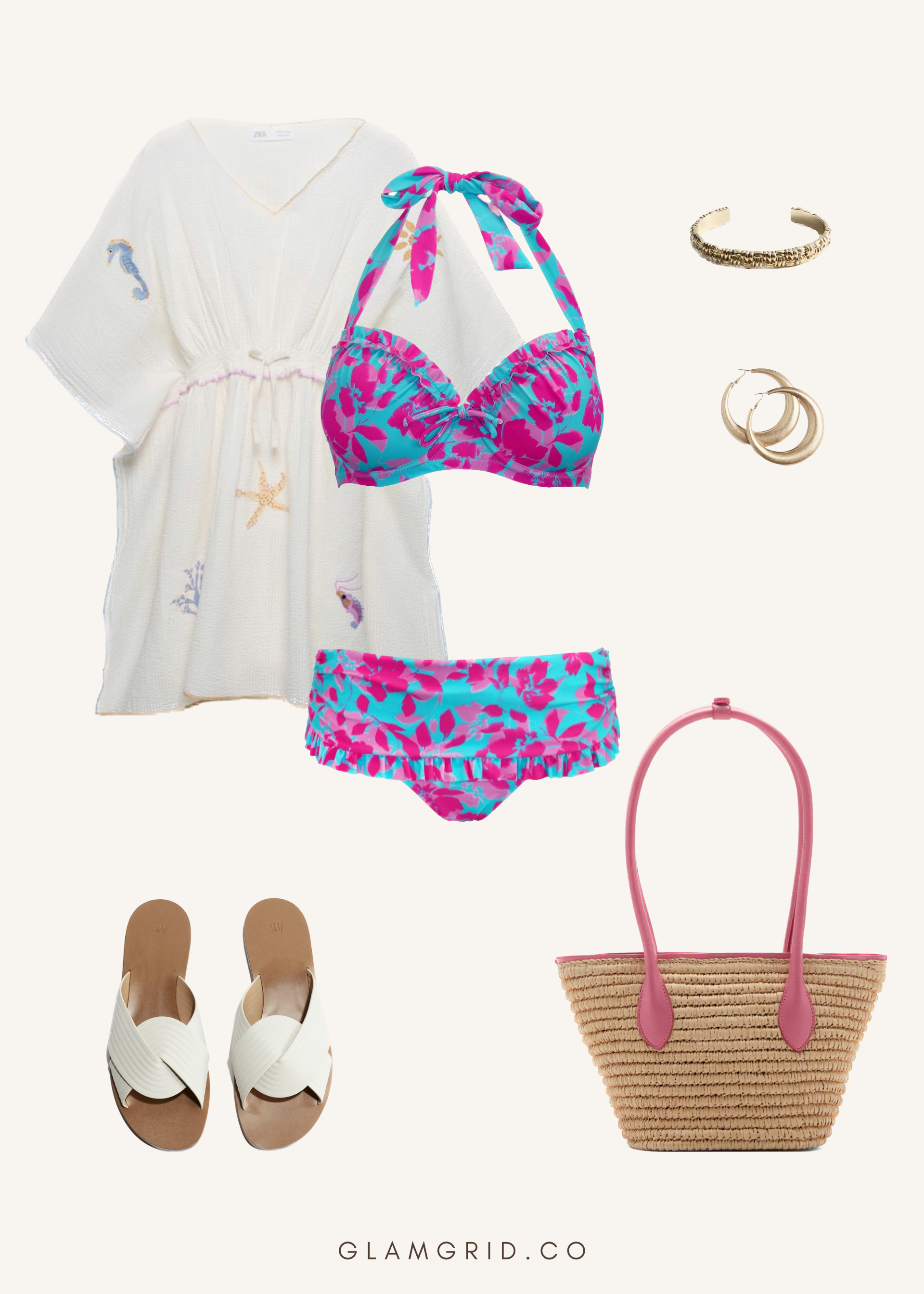 Valentine's Day beach date outfit with floral bikini and kaftan