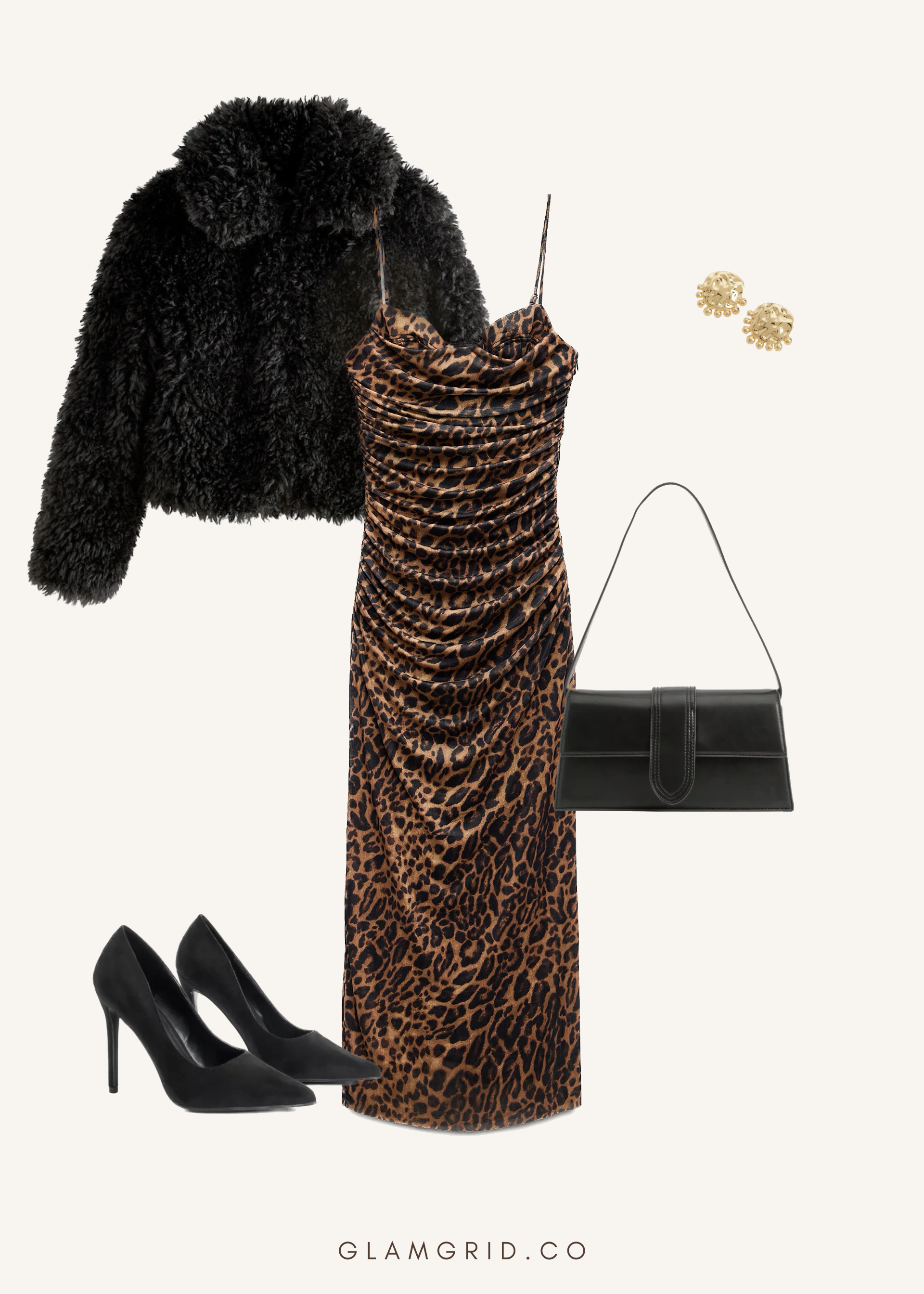 Valentine's Day dinner date outfit with animal print dress, fur jacket and pumps