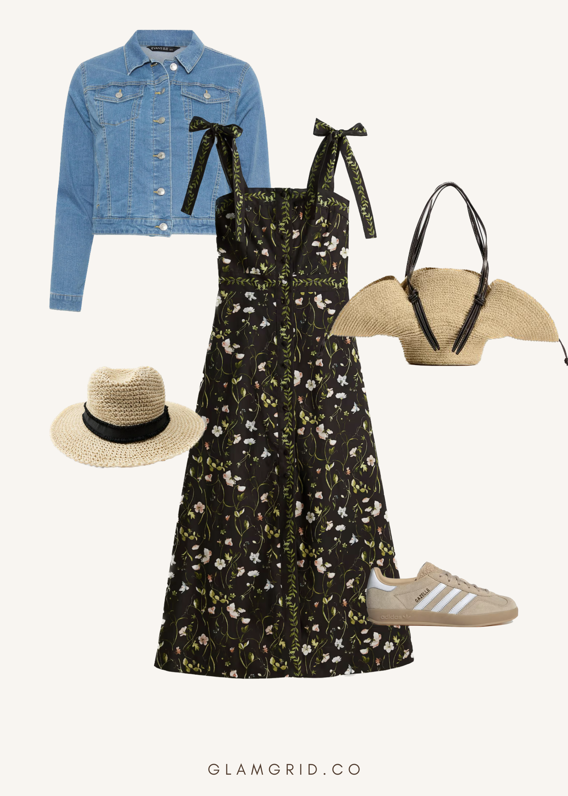 Valentine's Day picnic outfit with floral dress, denim jacket and snakers