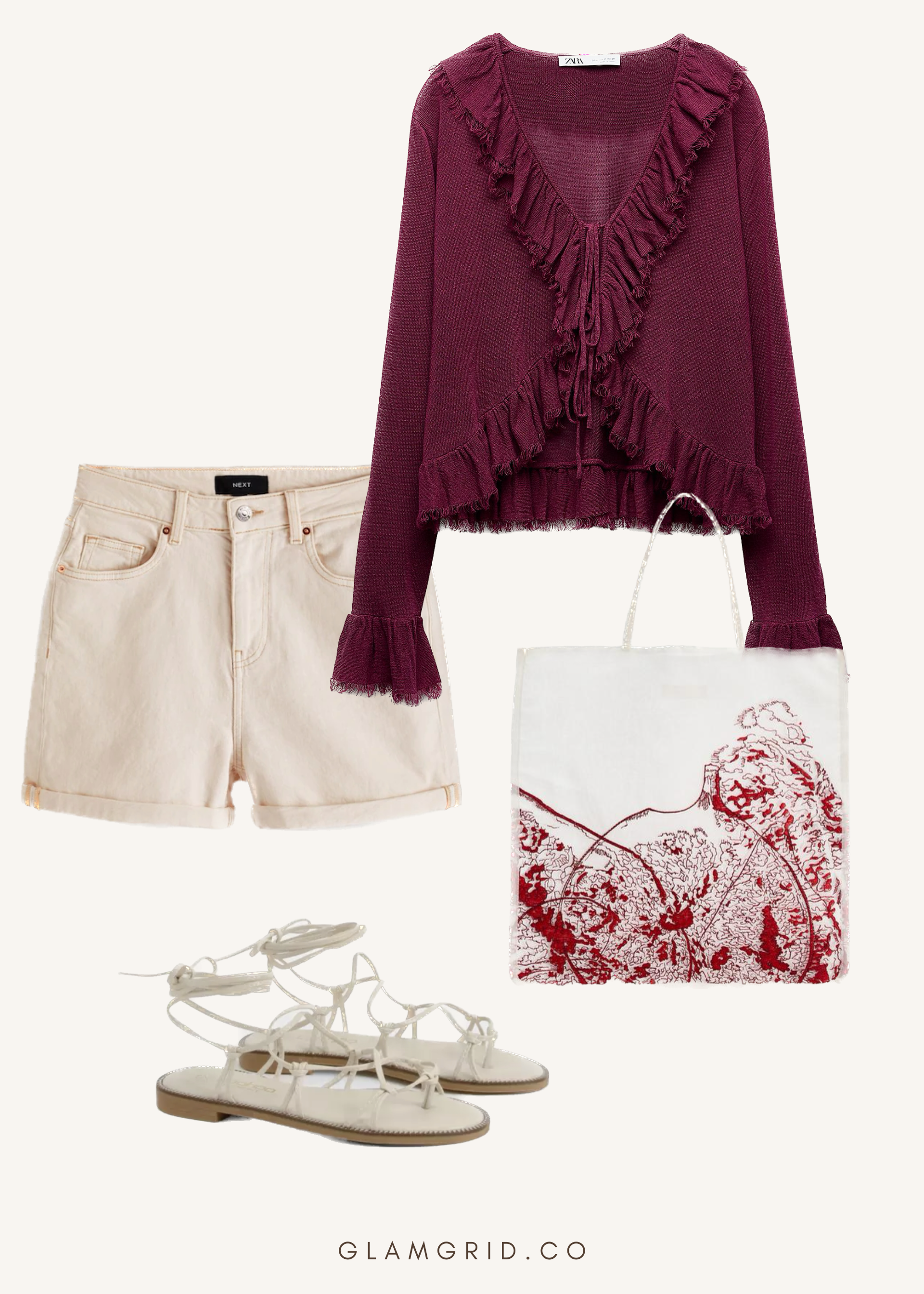 Valentine's Day picnic date outfit with ruffled top, shorts and gladiators