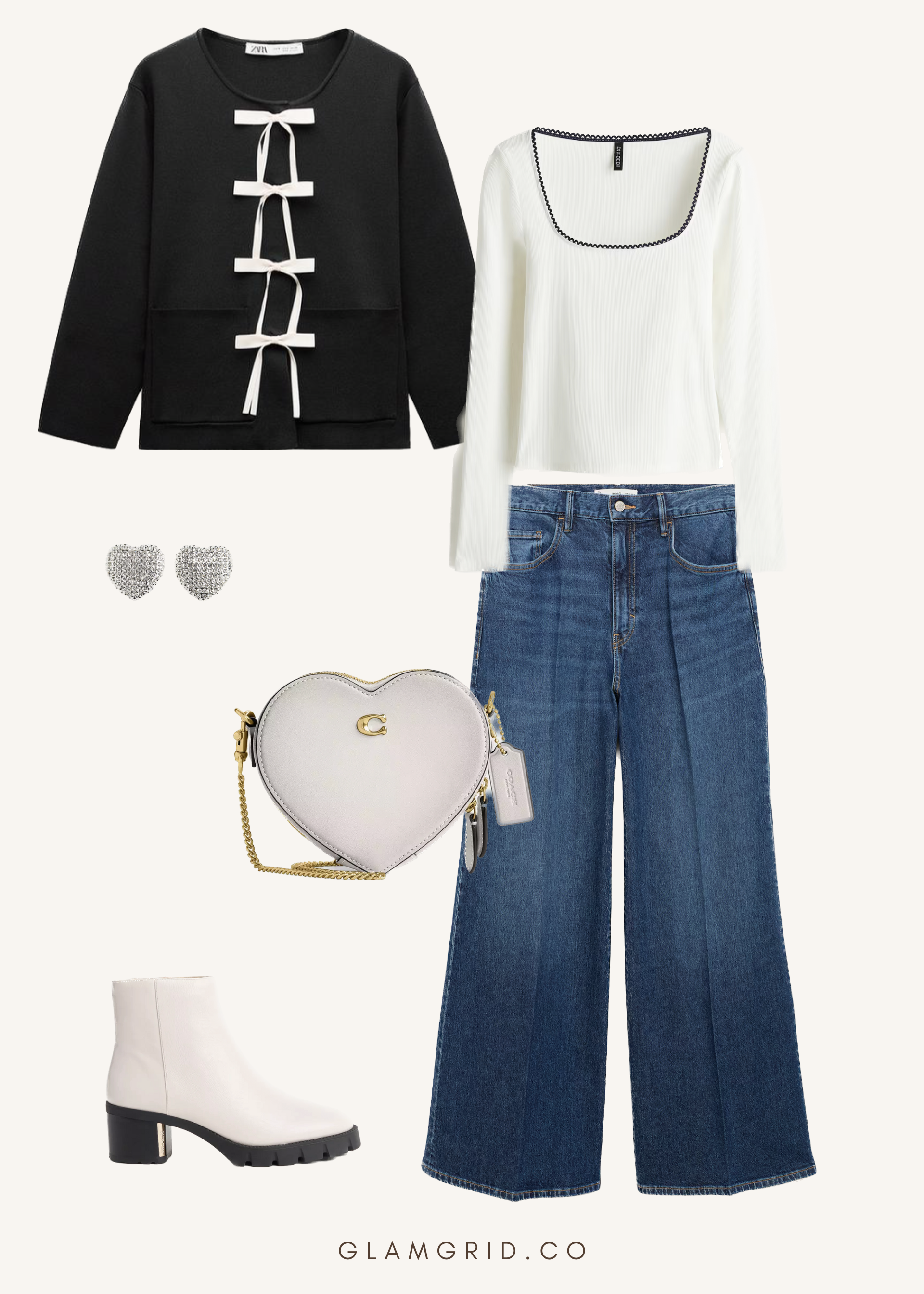 Valentine's Day coffee date outfit with cardigan, jeans and boots