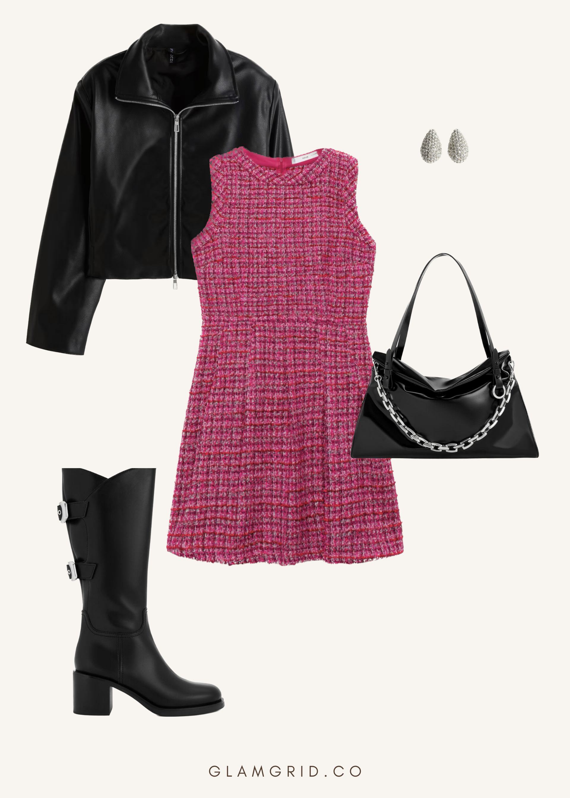 Valentine's Day coffee date outfit with tweed dress, leather jacket and boots