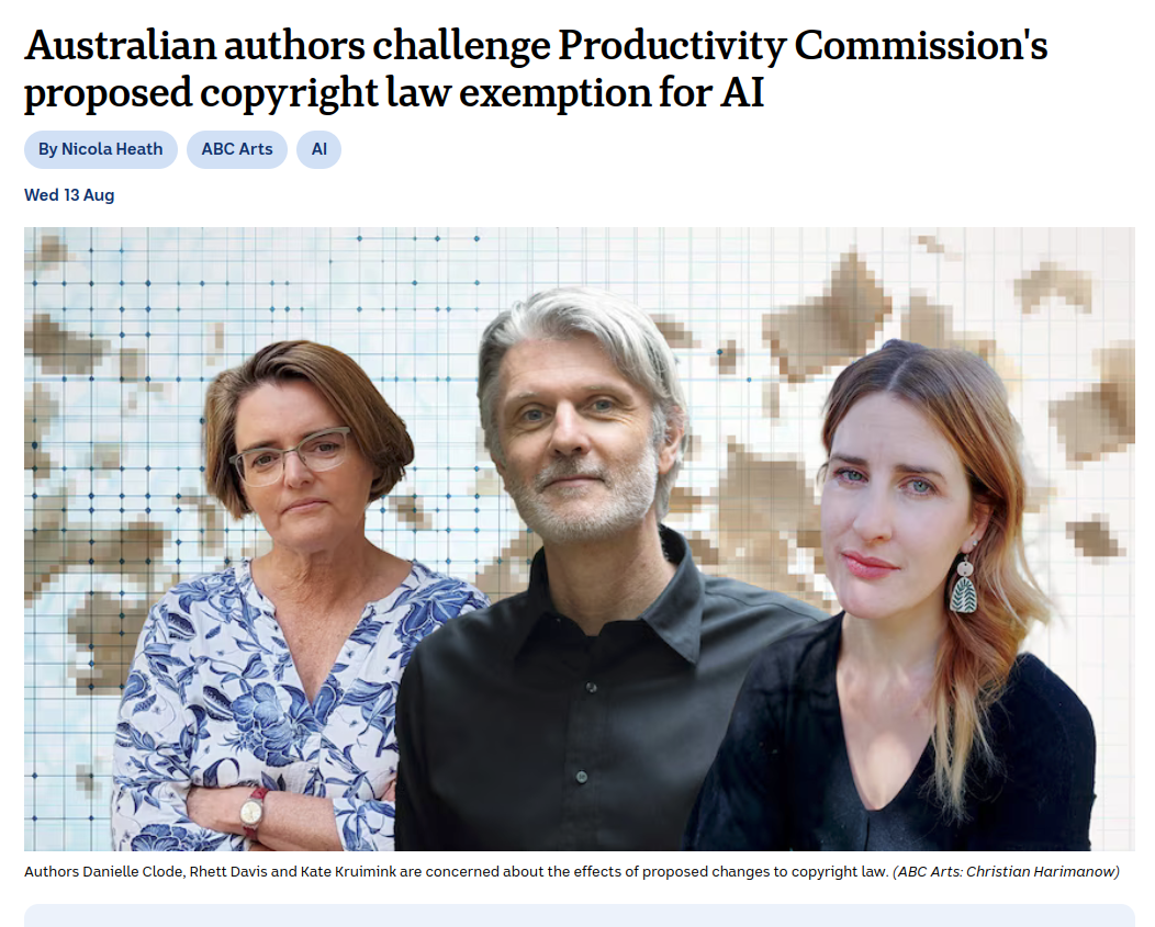 Newspaper headline showing three authors, unhappy that their text was scraped to train AI