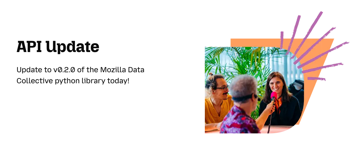 A woman being interviewed by someone in a brightly colored shirt against an orange triangular background and purple starburst