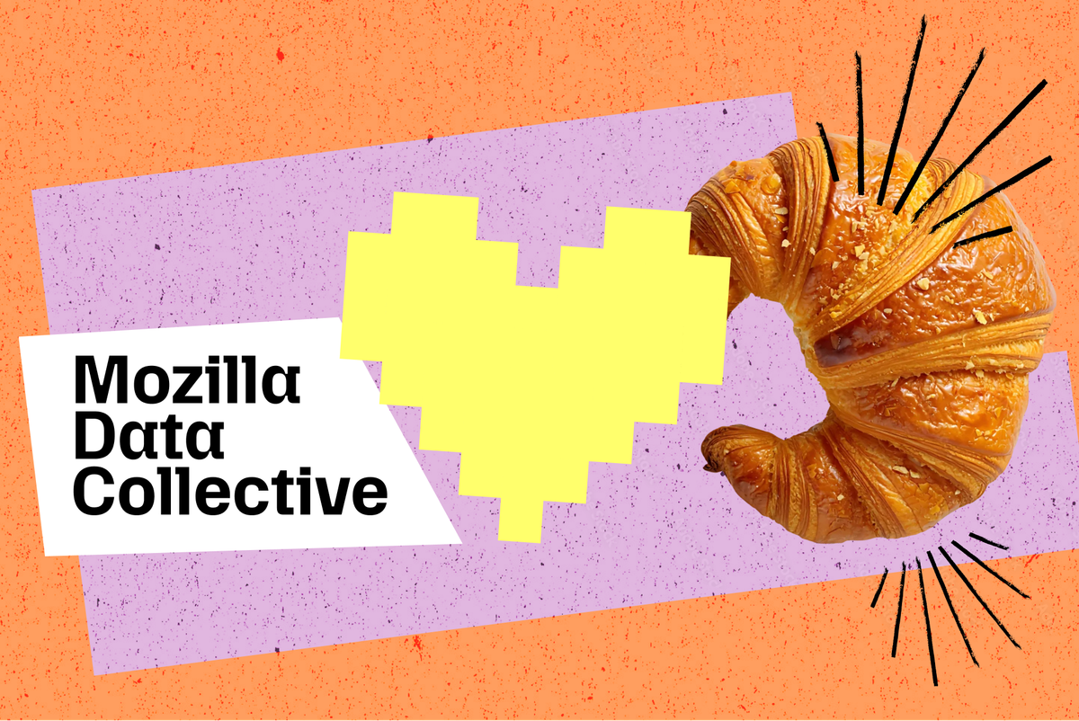 Image showing the Mozilla Data Collective logo, a yellow pixelated heart and to the right, a croissant with graphic embellishments
