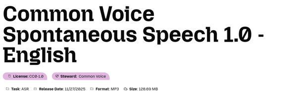 Screenshot of the Common Voice Spontaneous Speech 1.0 - English Data Listing at MDC