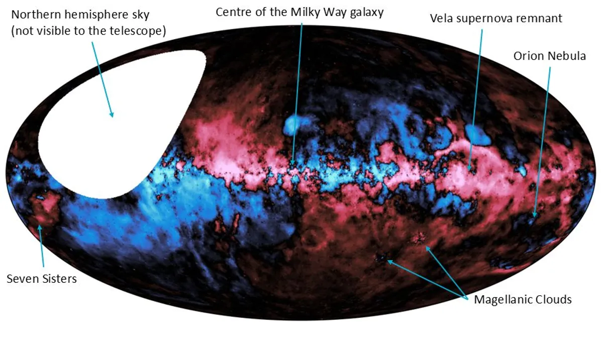 An annotated version of the map from ASKAP showing electromagnetism in red and blue.