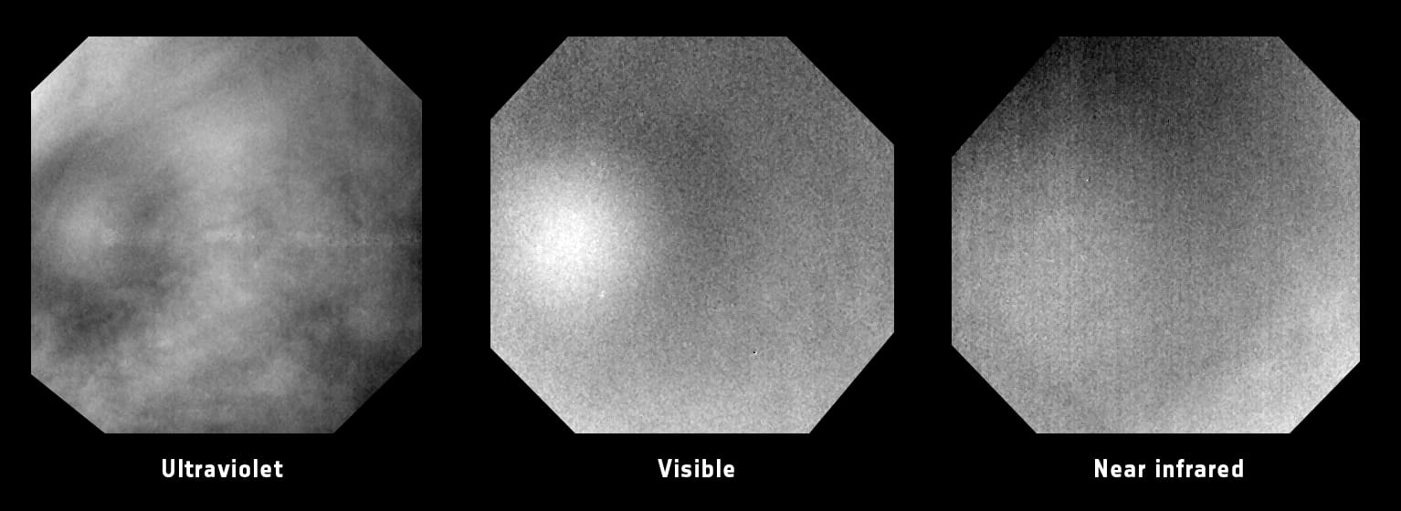 three black and white images of venus clouds with differen concentric halos