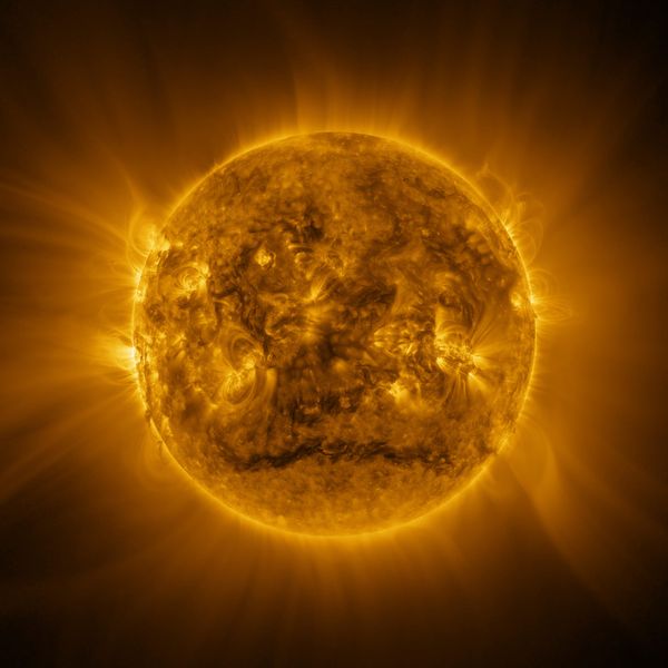 A very active view of the Sun in ultravioel with swirlling lines of plasma