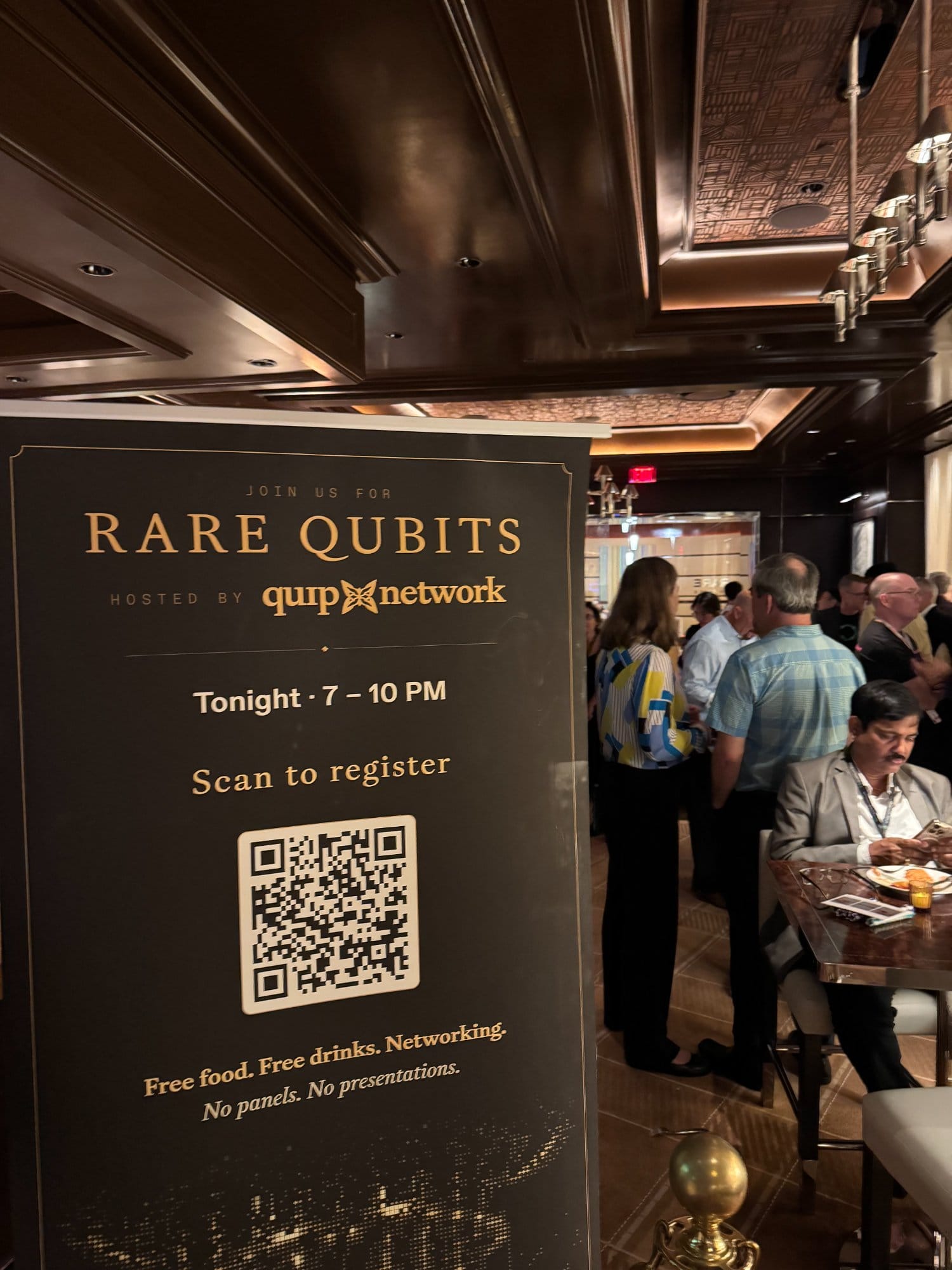 Rare Qubits event banner: hosted by Quip Network, tonight 7 to 10 PM, free food, free drinks, no panels, no presentations.