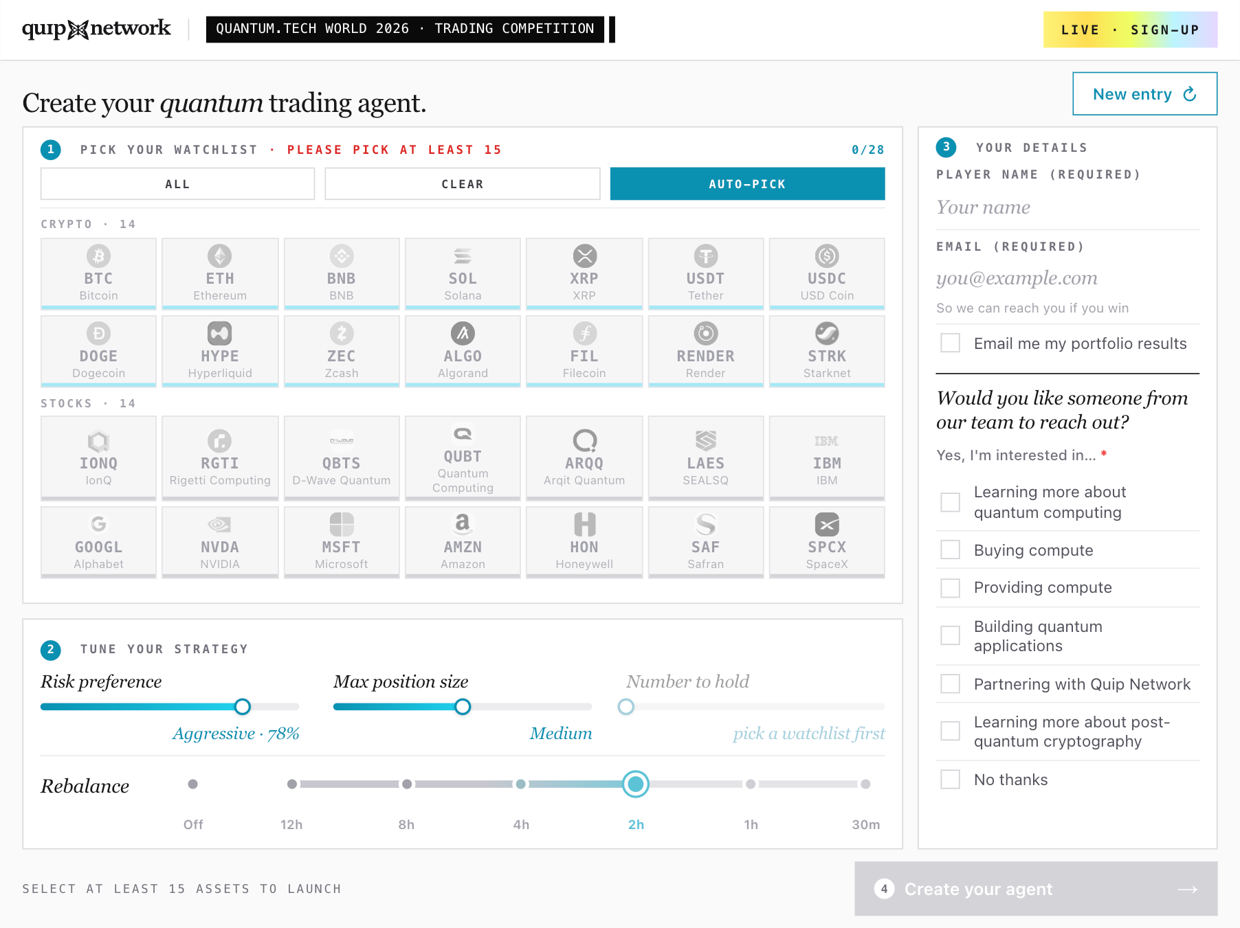 The booth agent builder: a 28-asset watchlist grid of 14 crypto and 14 stock tickers, above four strategy sliders for risk preference, max position size, number to hold, and rebalance frequency.