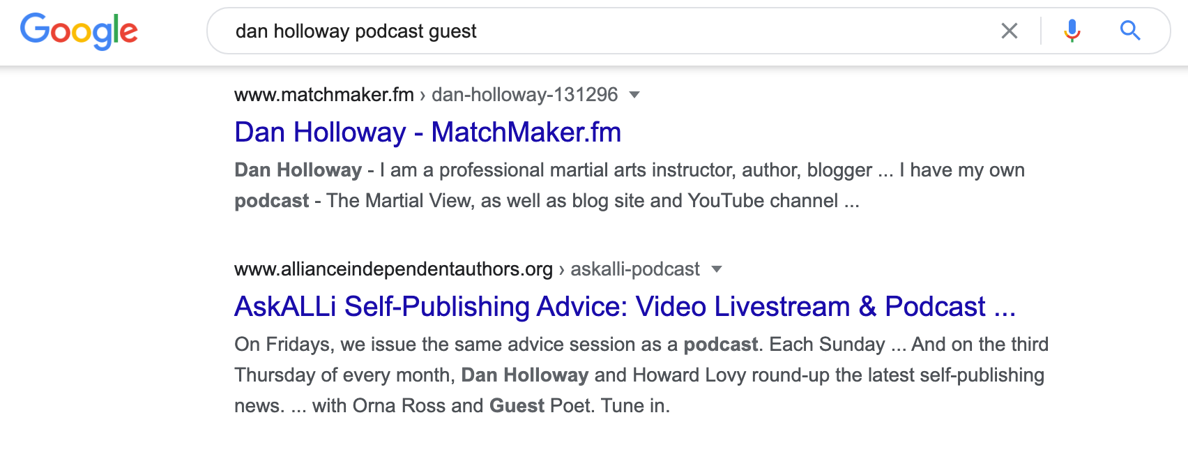 Google search results for 'dan holloway podcast guest'.