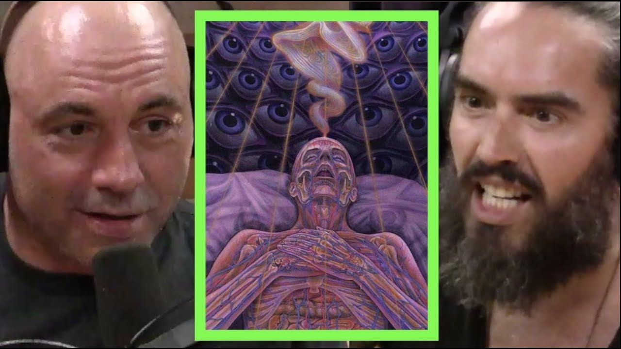 Joe Rogan and Russell Brand recording a podcast episode.