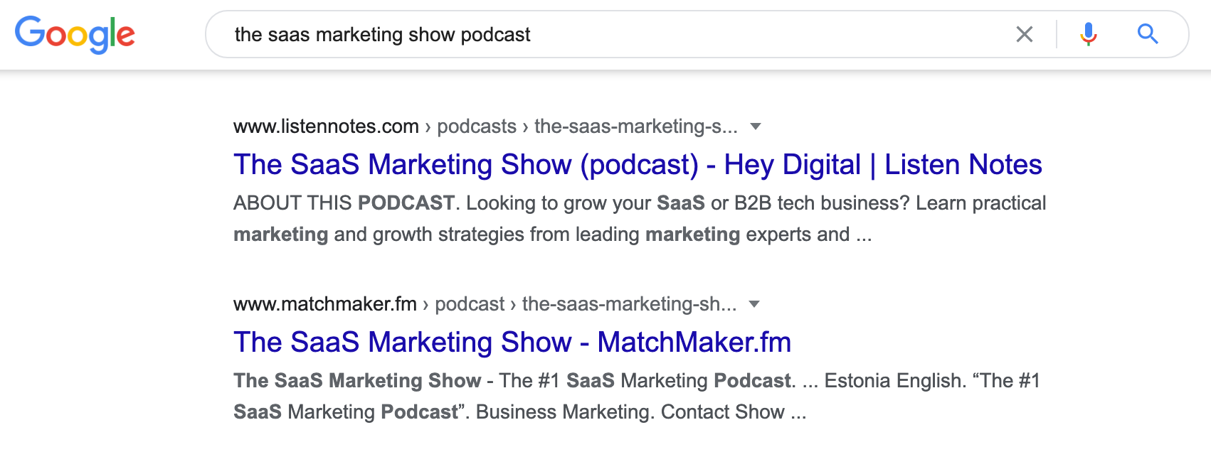 Google search results for 'the saas marketing show podcast'.