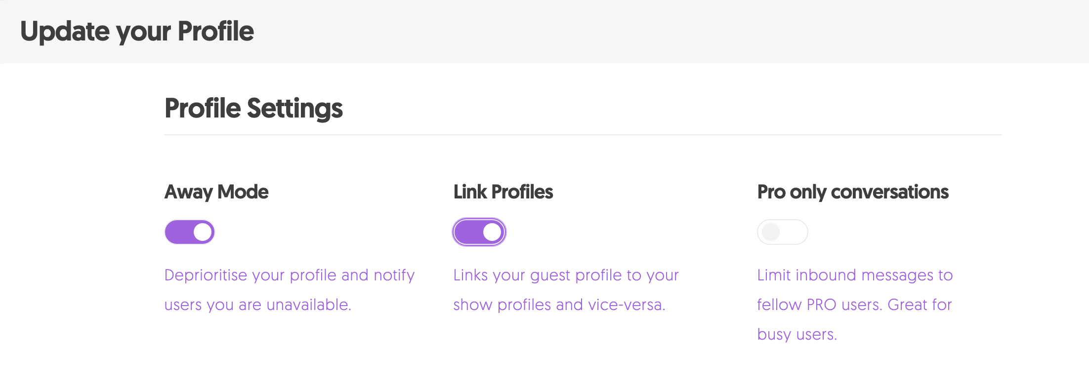 MatchMaker.fm's Update Your Profile section.