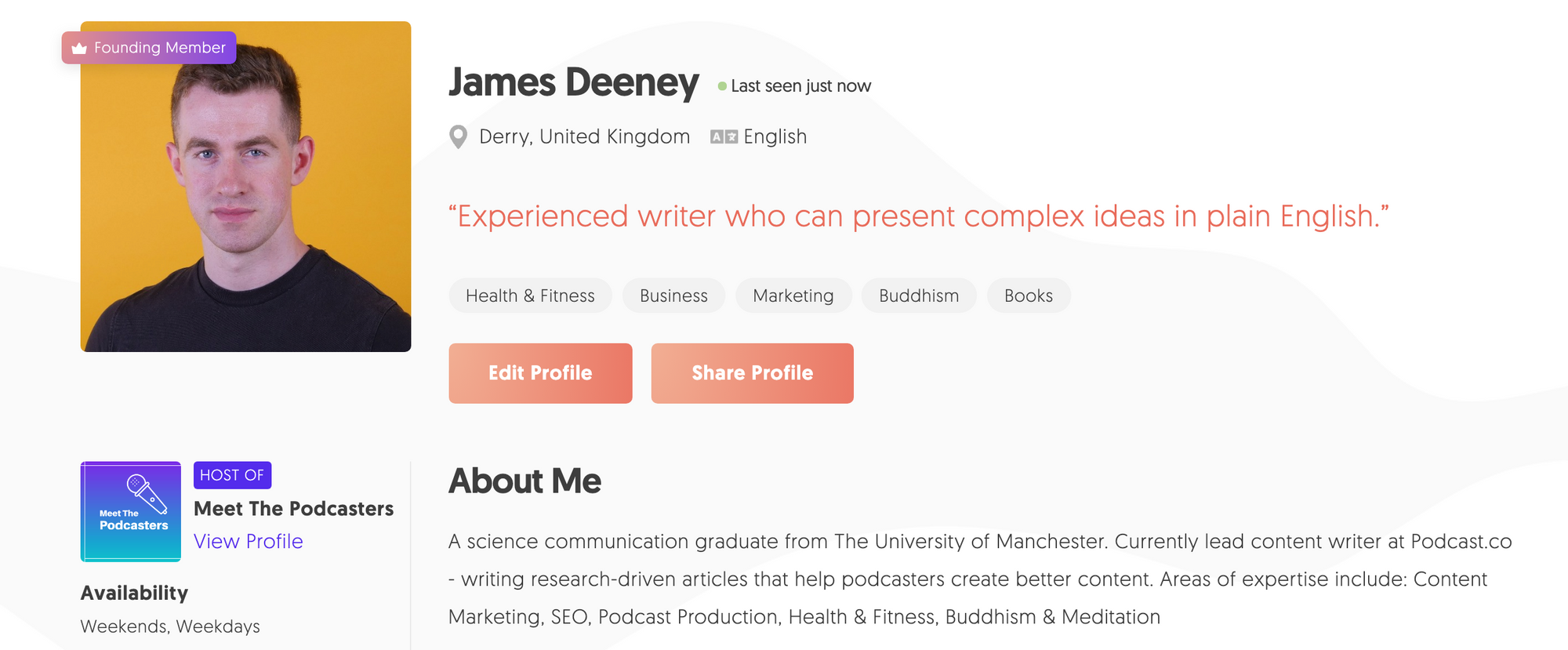 A shot of James Deeney's guest profile on MatchMaker.fm.