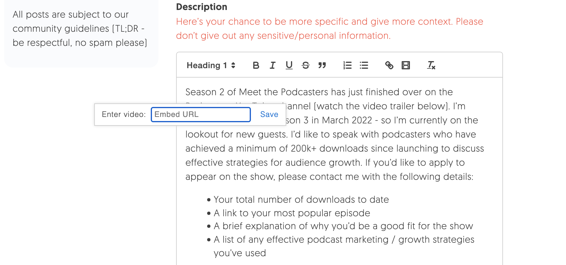 A text box allowing users to input the body of their Community post.