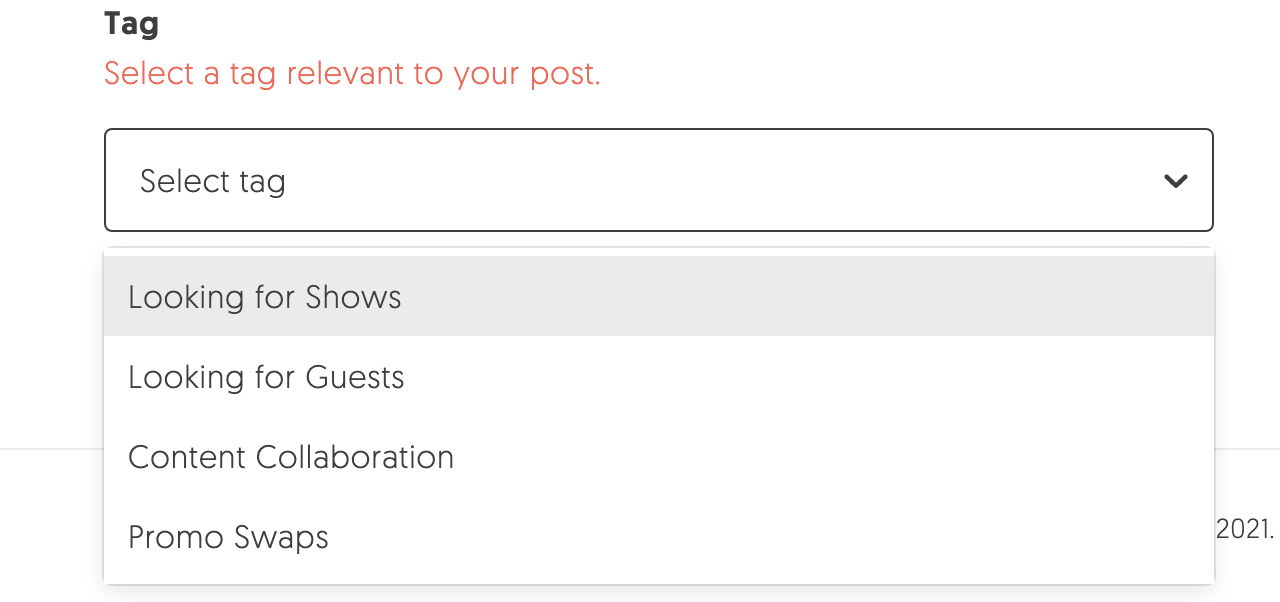 A drop down bar allowing users to select a tag for their Community post.