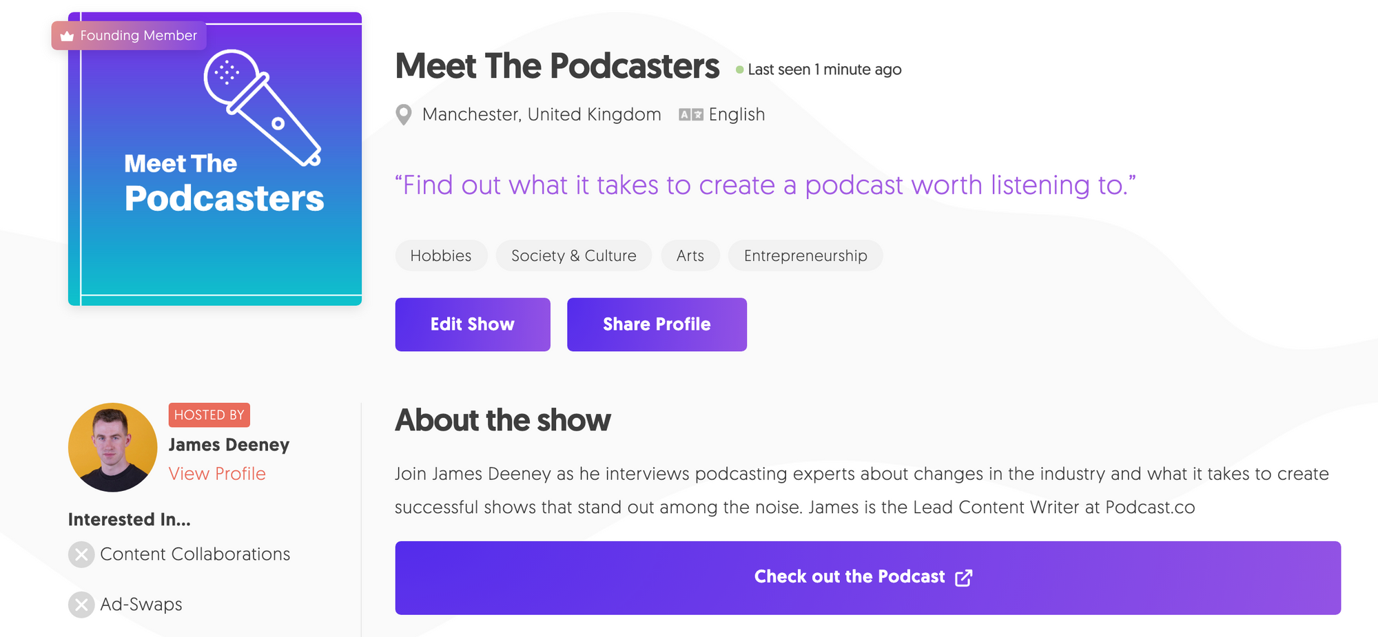 A shot of Meet the Podcaster's show profile on MatchMaker.fm.